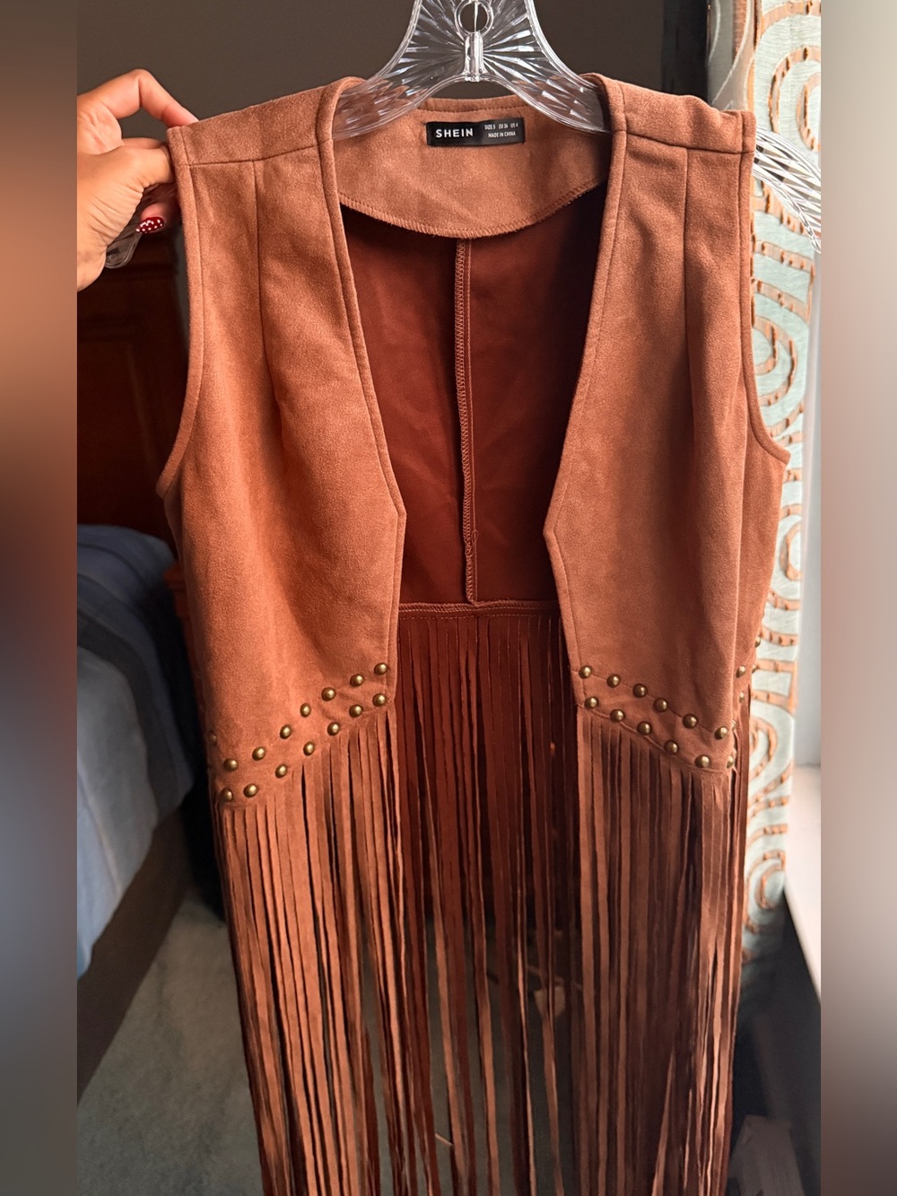 SHEIN Copper Fringe Faux Suede Studded Vest